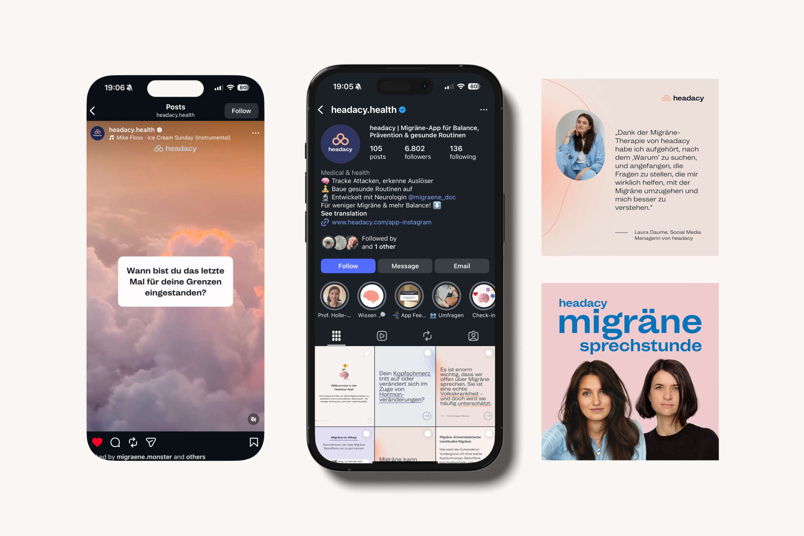 headacy Instagram profile and various posts and reels akigned to the brand design