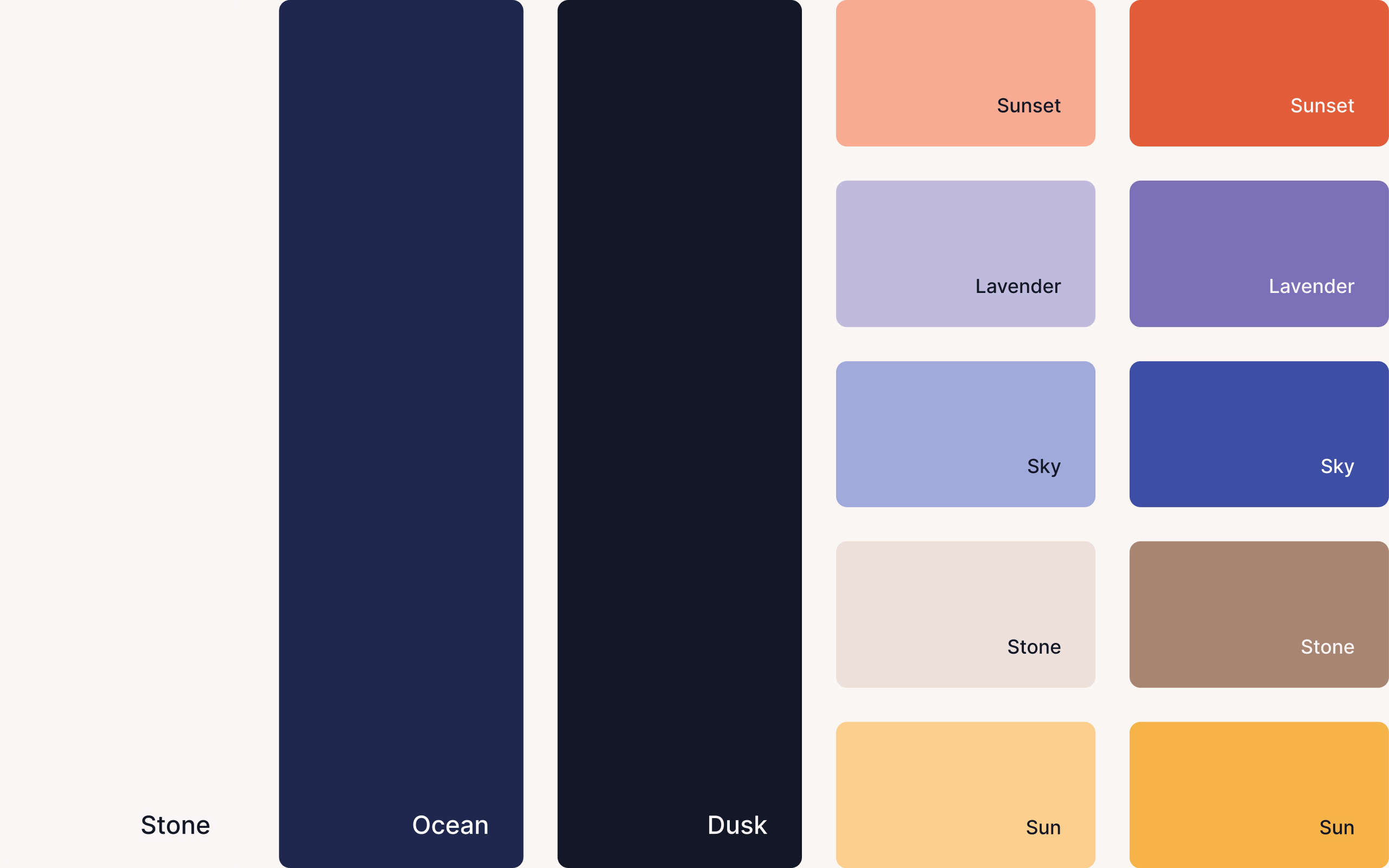 Color palette of headacy containing shades of blue, beige, red, purple and yellow